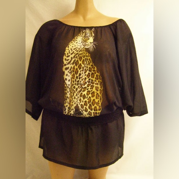 NWT S to XL 1x 3x black Georgette blouson top cheetah girl 2067e-leo - Picture 1 of 1